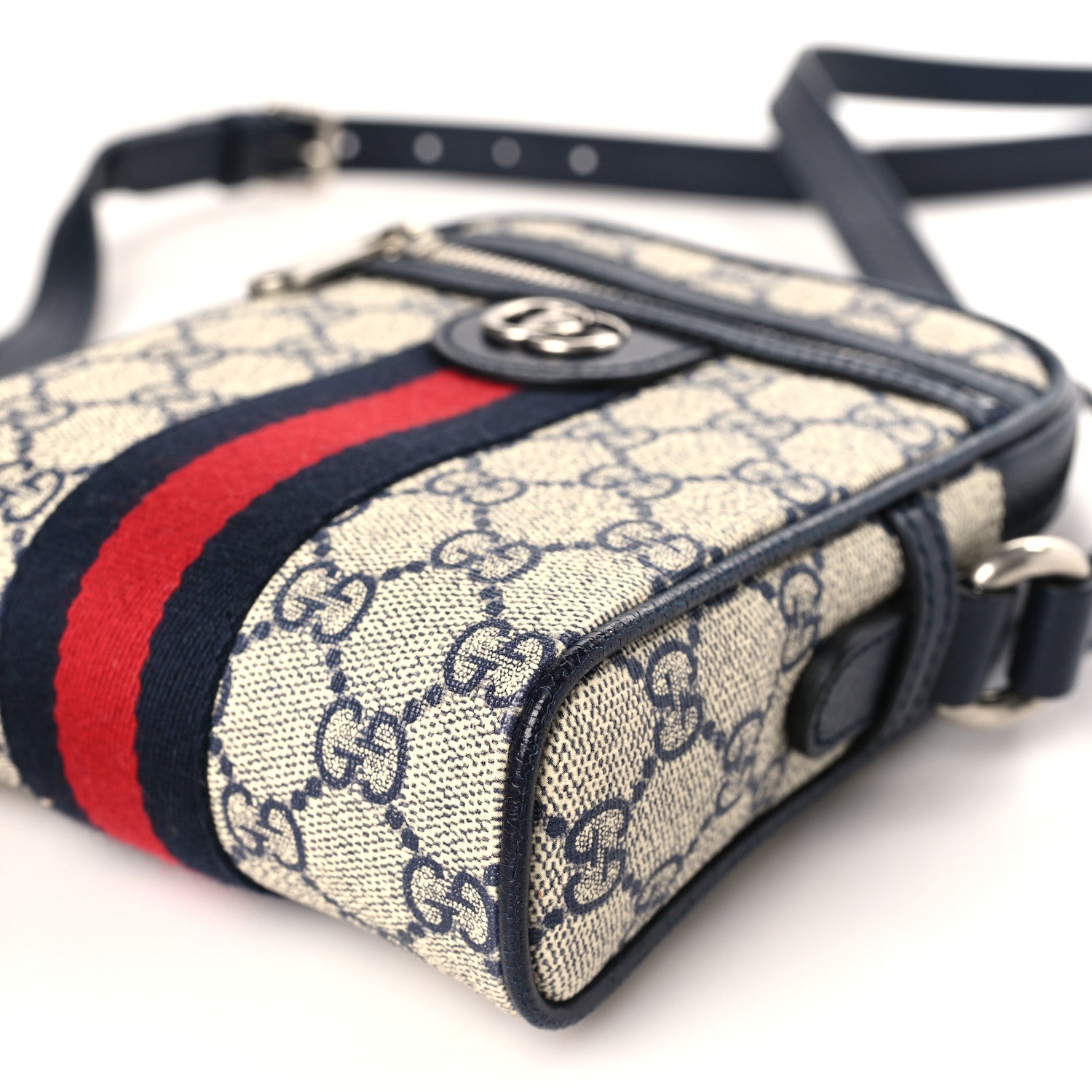 Gucci GG Supreme Monogram Textured Calfskin Web Mini Ophidia Messenger Beige Blue 9 of 9