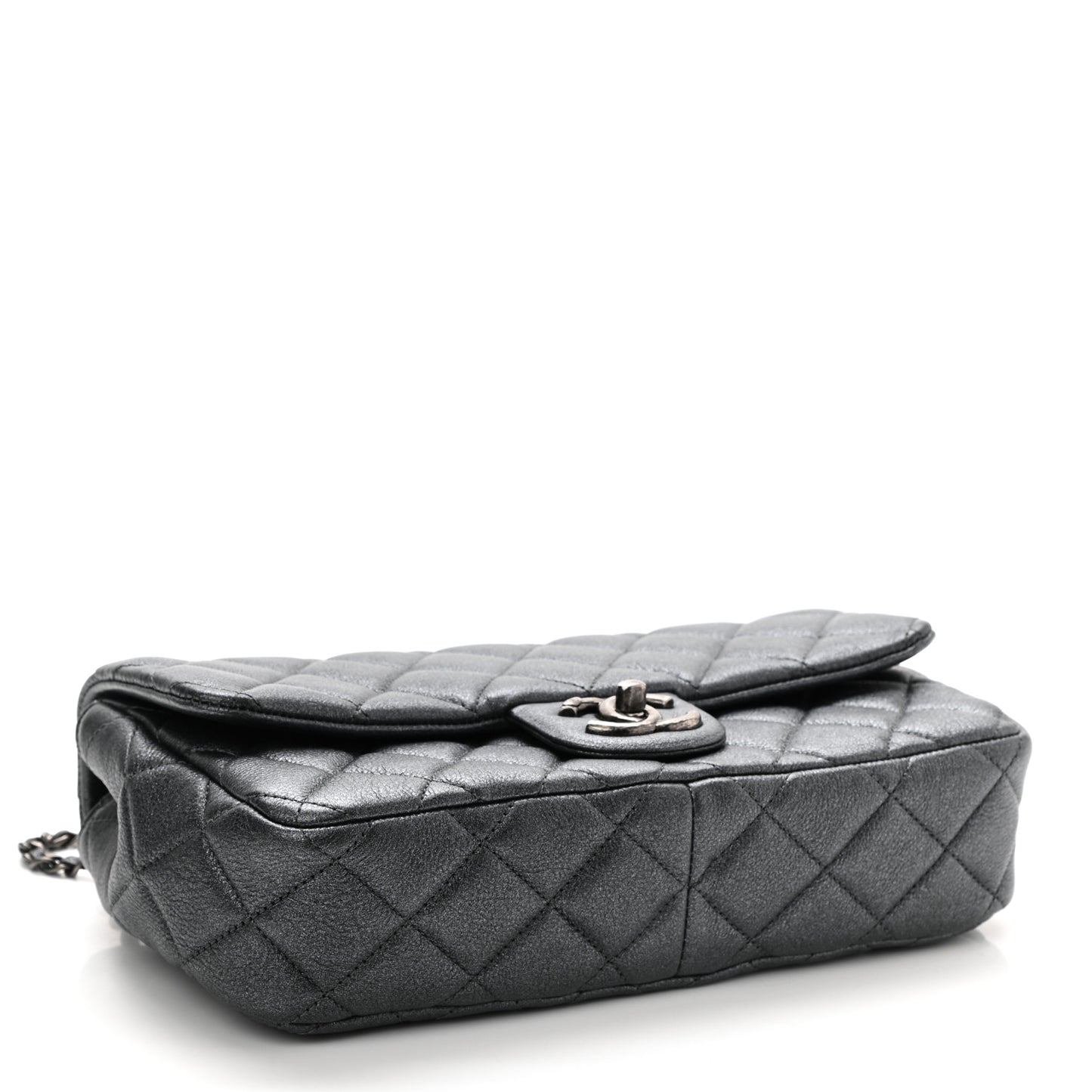 Metallic Calfskin Quilted Medium CC Eyelet Flap Dark Silver