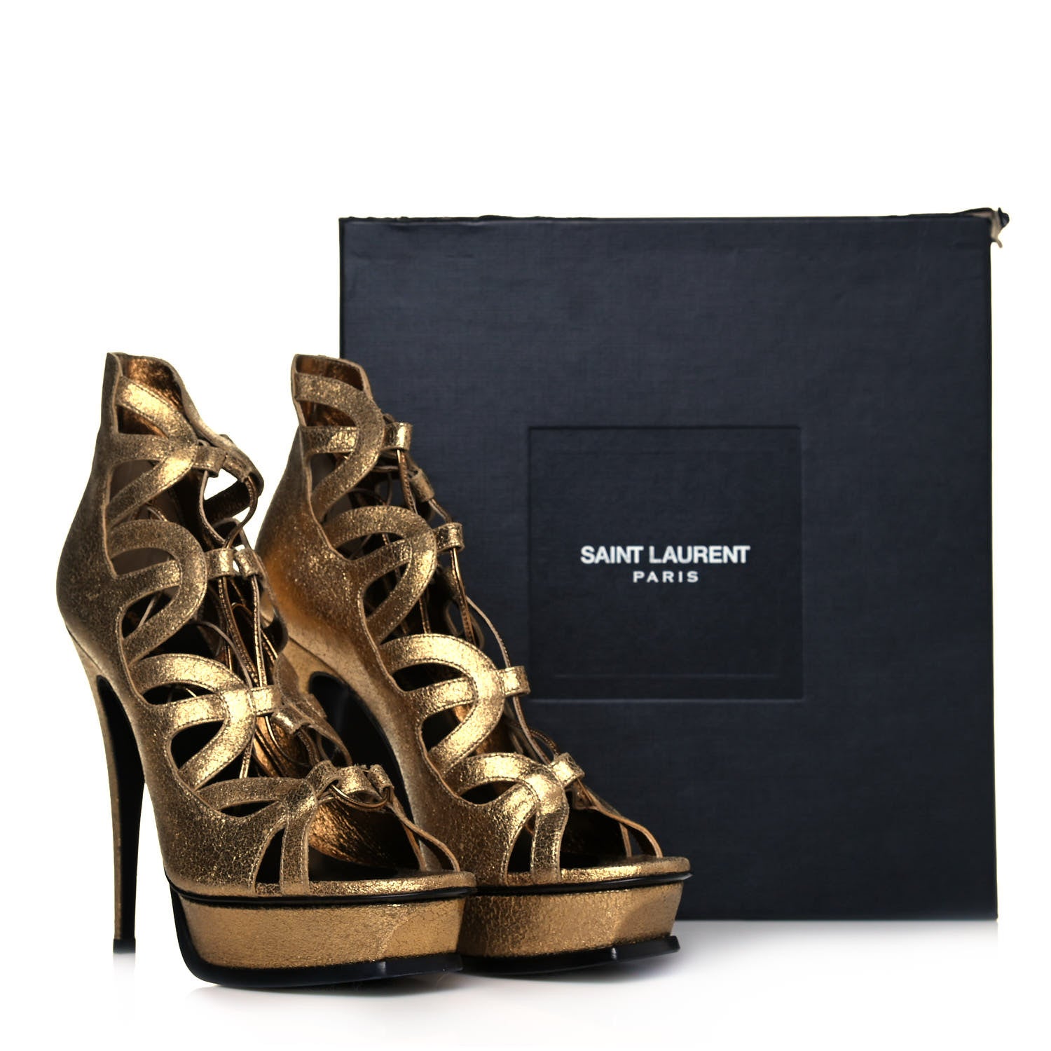Saint Laurent Metallic Calfskin Tribute 16 Lace Up Platform Sandals 40.5 Gold 7 of 7