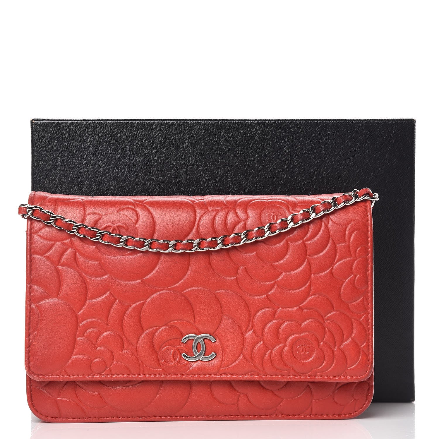 Chanel Lambskin Camellia Embossed Wallet On Chain WOC Red 17 of 17
