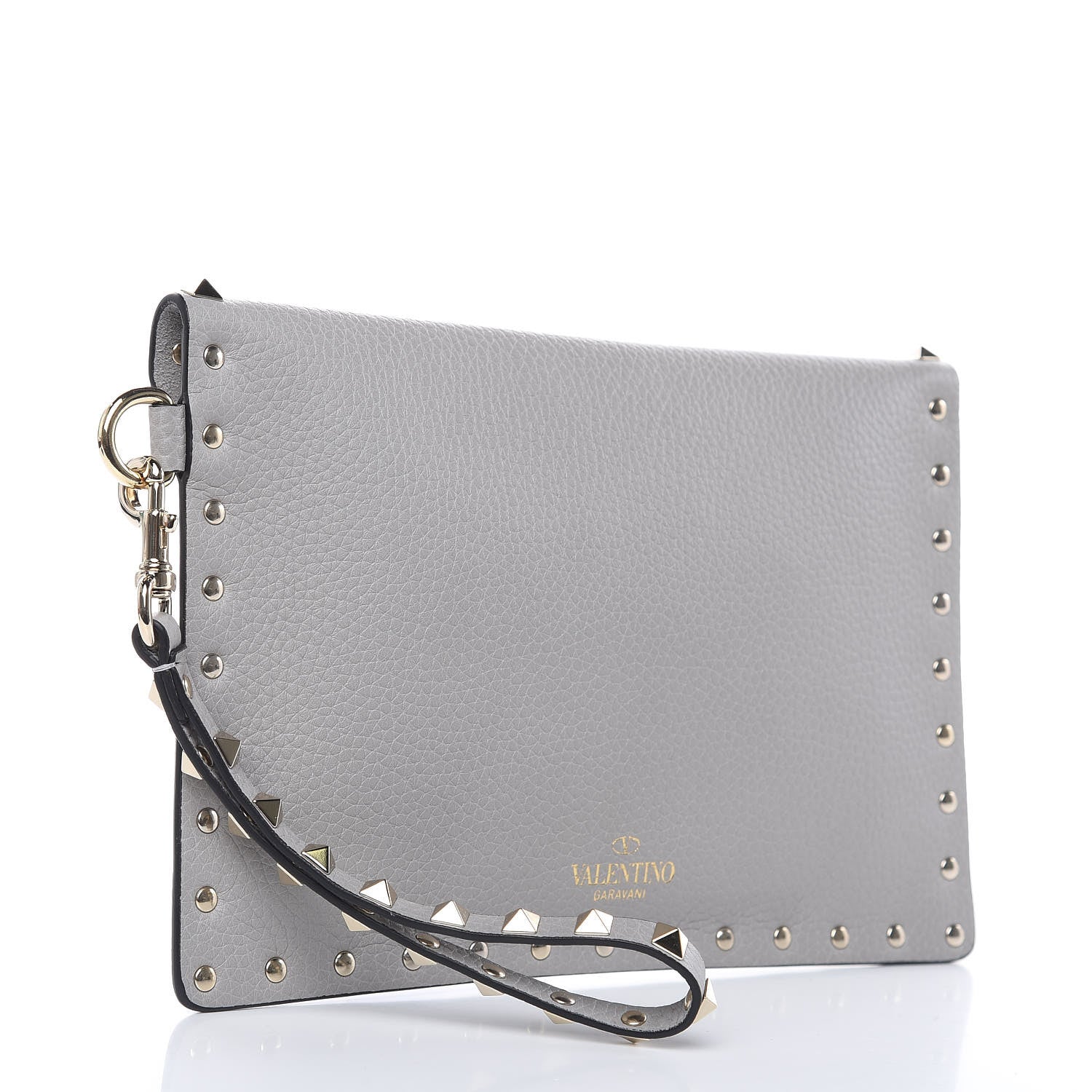 Valentino Garavani Pebbled Calfskin Medium Rockstud Envelope Flat Wristlet Pouch Grey 3 of 8