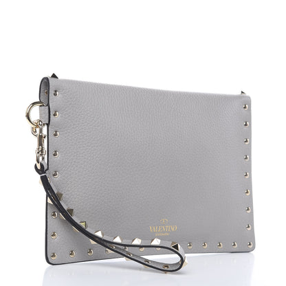 Valentino Garavani Pebbled Calfskin Medium Rockstud Envelope Flat Wristlet Pouch Grey 3 of 8