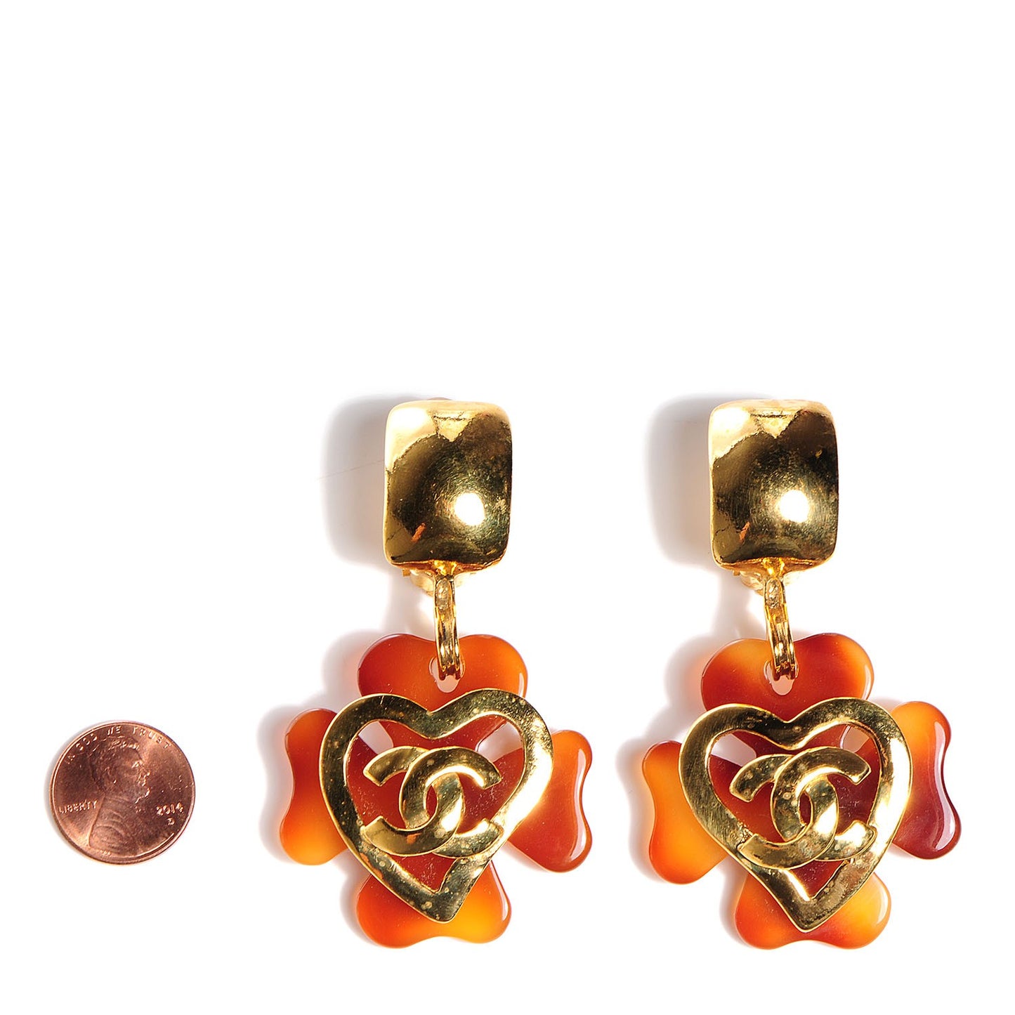 Tortoise CC Heart Clip On Earrings Gold