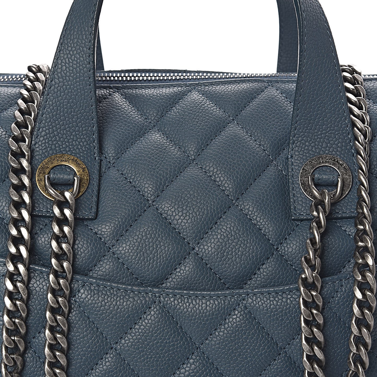 Grained Calfskin Quilted Large Casual Pocket Bowling Bag Blue