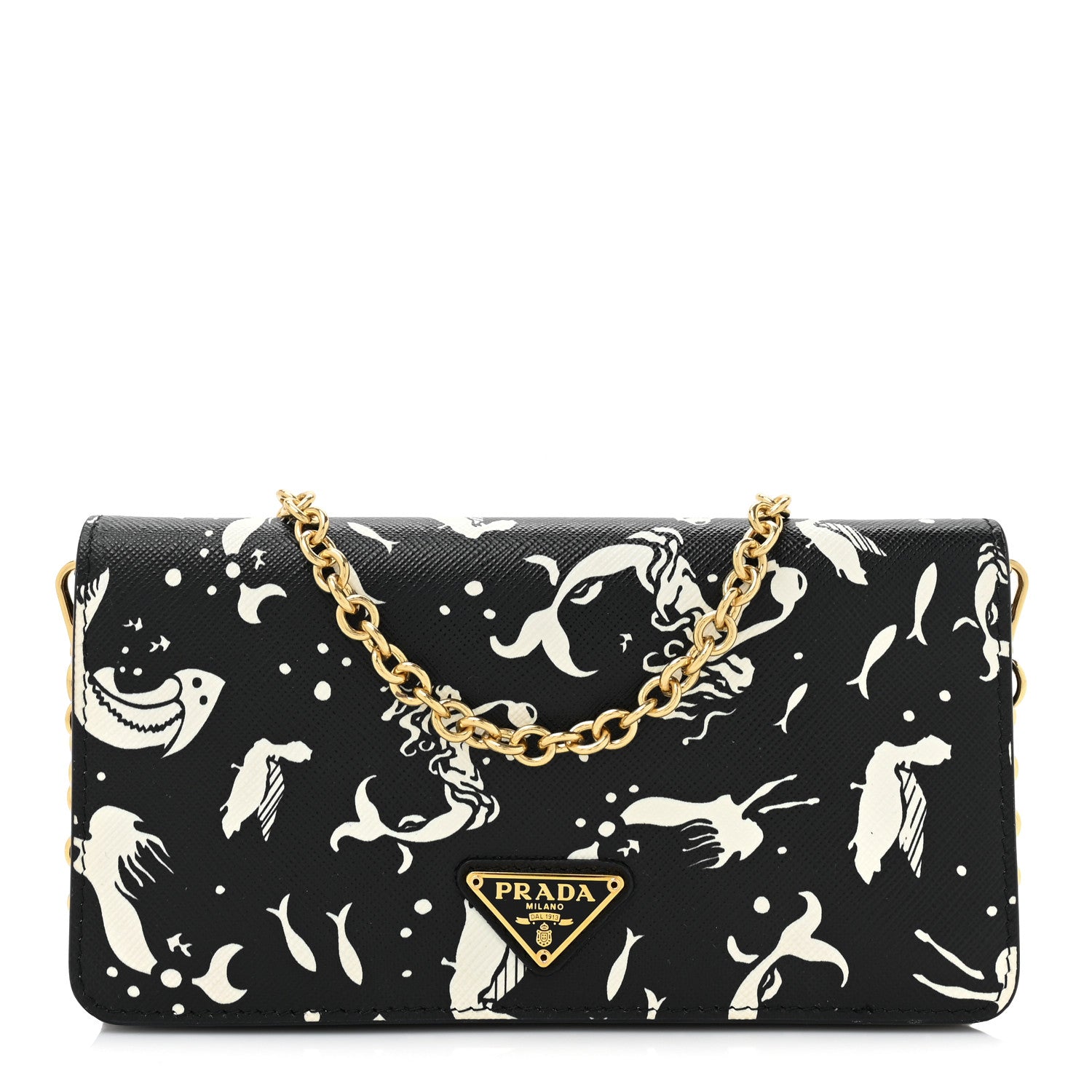 Prada Saffiano Triangle Logo Mermaid Print Mini Crossbody Bag Black 1 of 10
