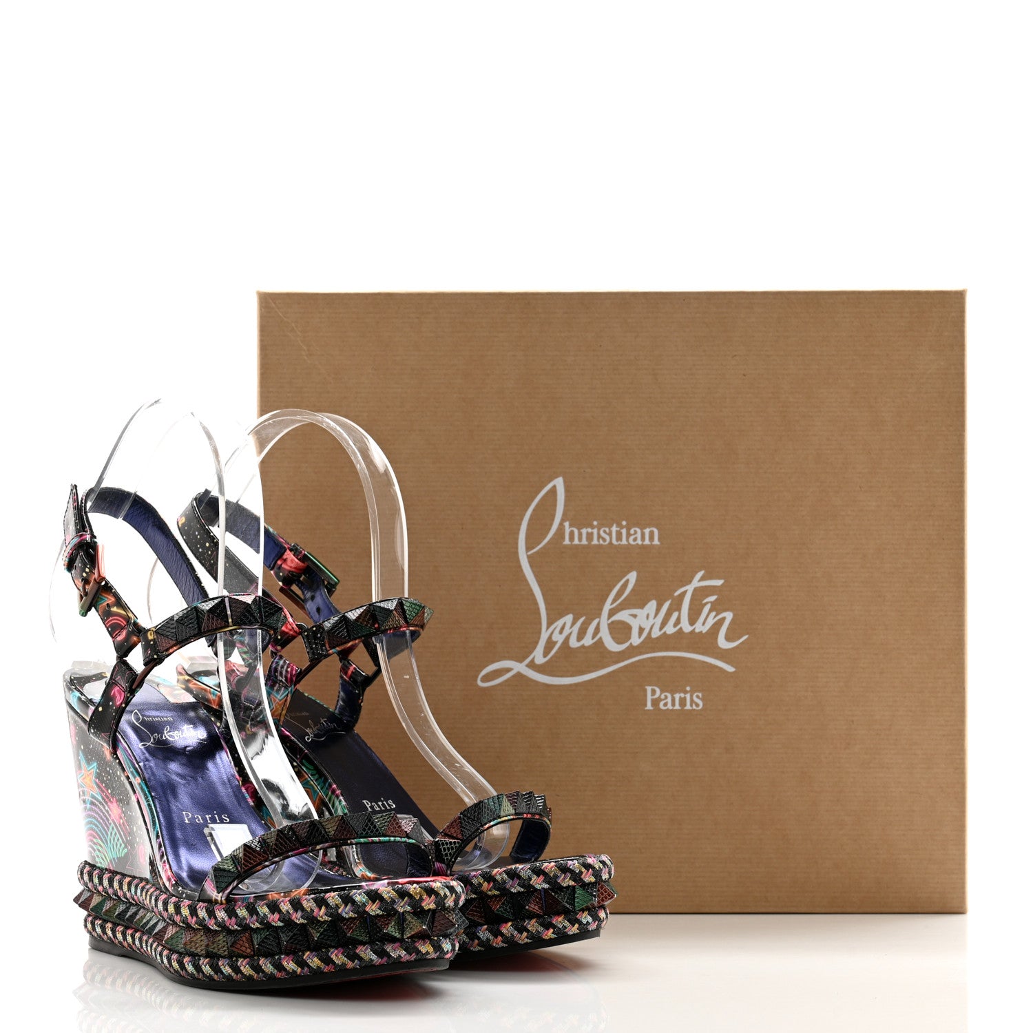 Christian Louboutin Patent Calfskin Lin By The Night Pyraclou 110 Wedge Sandals 38 Black Multicolor 9 of 9