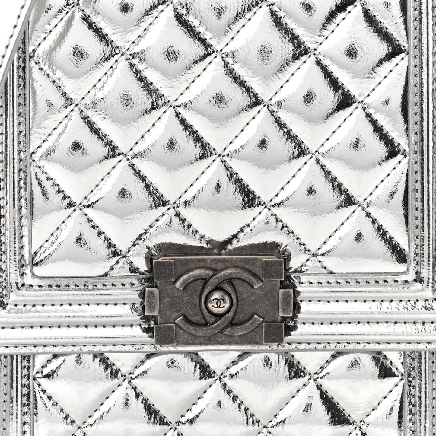 Metallic Goatskin Quilted North South Boy Flap Silver