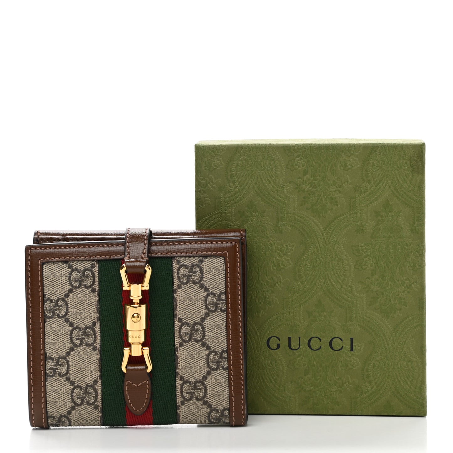GG Supreme Monogram Textured Calfskin Web Jackie 1961 French Flap Wallet Beige Ebony Brown Sugar
