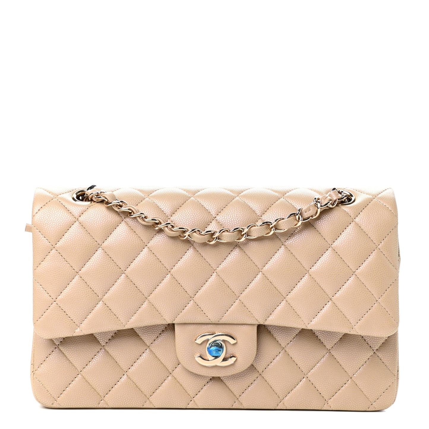 Iridescent Caviar Quilted Medium Double Flap Dark Beige