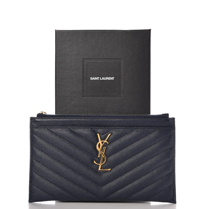 Saint Laurent Grain De Poudre Chevron Monogram Bill Pouch Navy 8 of 8