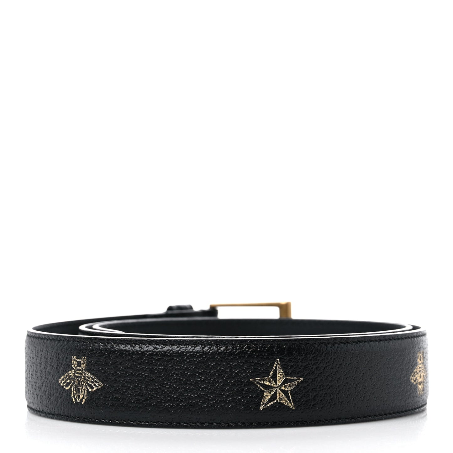 Textured Dollar Calfskin Bees And Stars Print Mens 35mm Belt 105 42 Black Gold