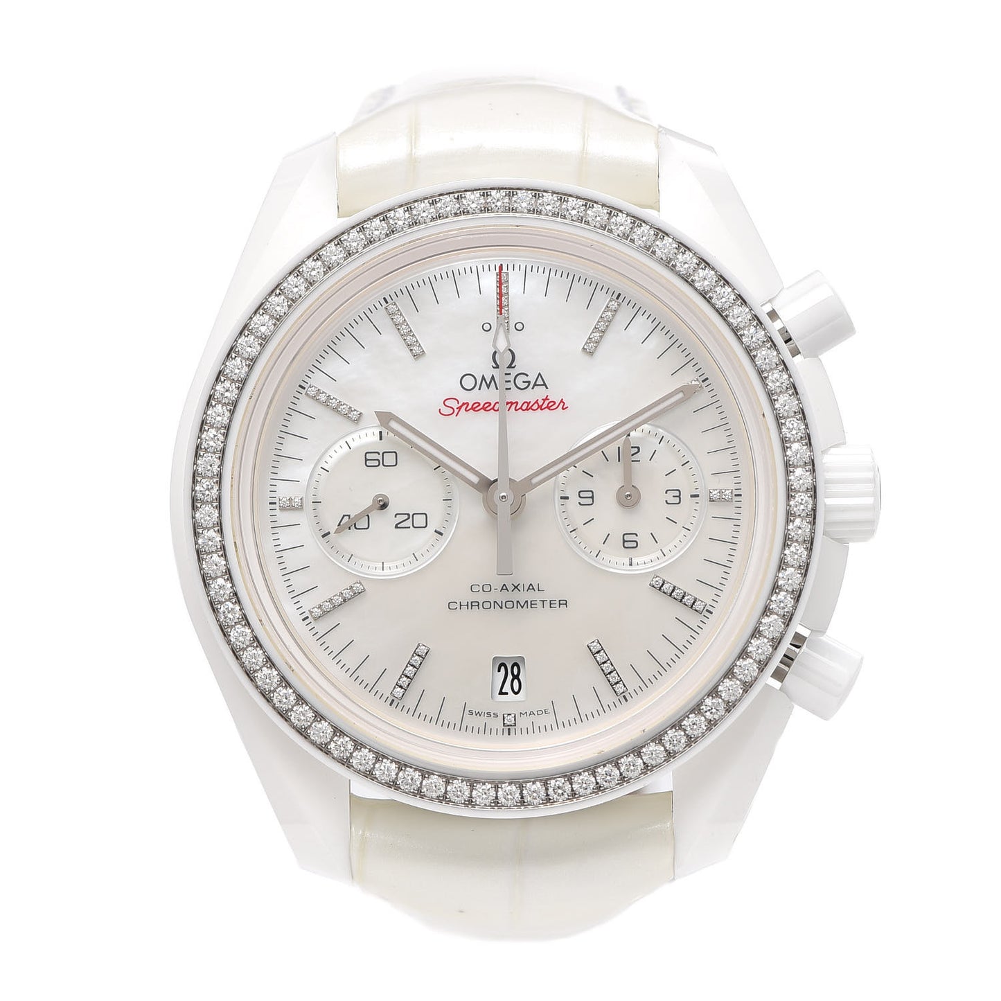 Ceramic Alligator Diamond Bezel Mother of Pearl 44mm Speedmaster White Side of the Moon Automatic Watch 311.98.44.51.55.001