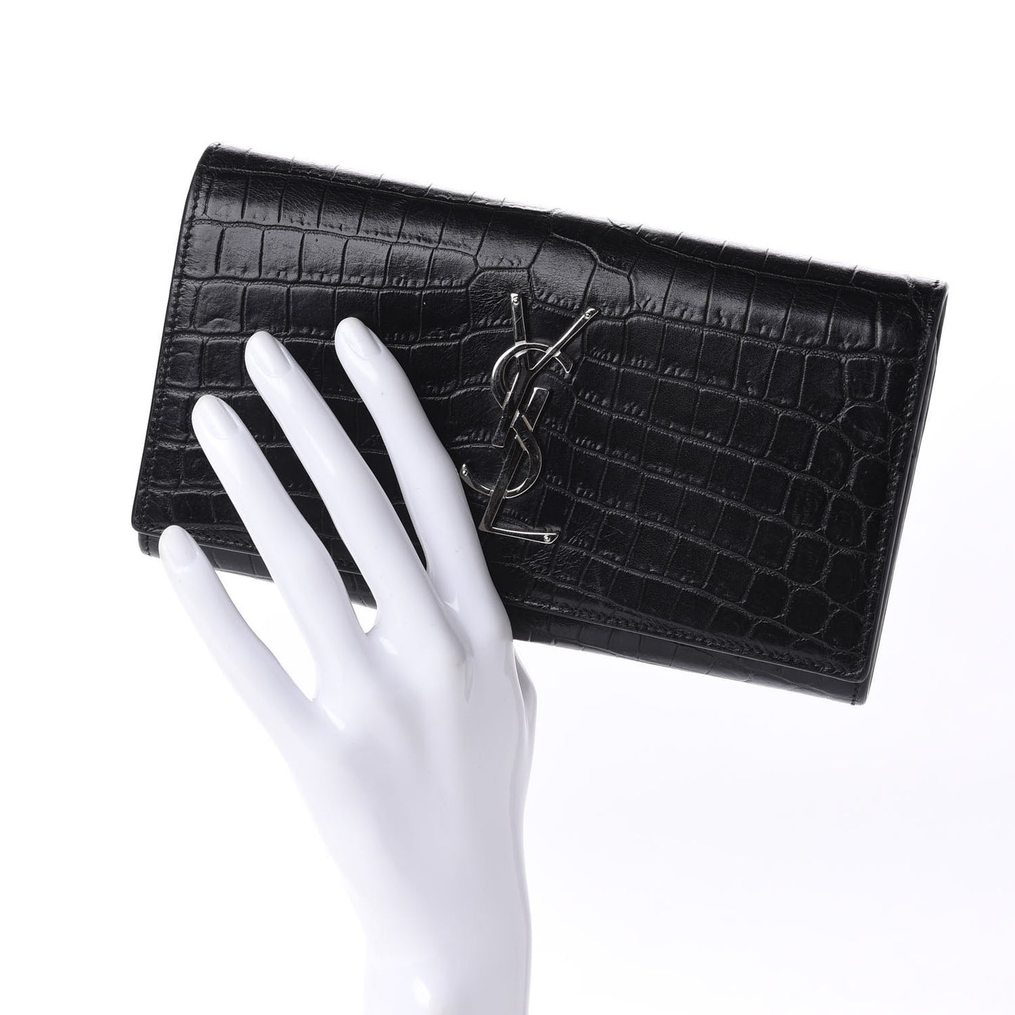 Calfskin Crocodile Embossed Monogram Flap Wallet Black