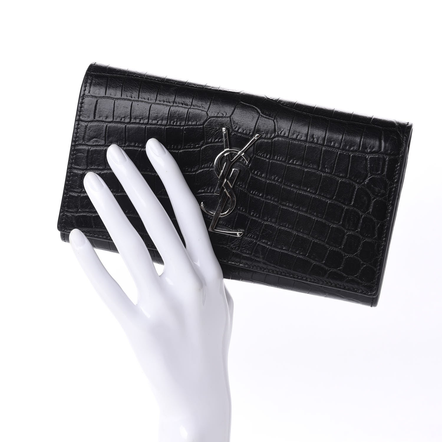 Saint Laurent Calfskin Crocodile Embossed Monogram Flap Wallet Black 2 of 10