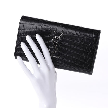 Saint Laurent Calfskin Crocodile Embossed Monogram Flap Wallet Black 2 of 10