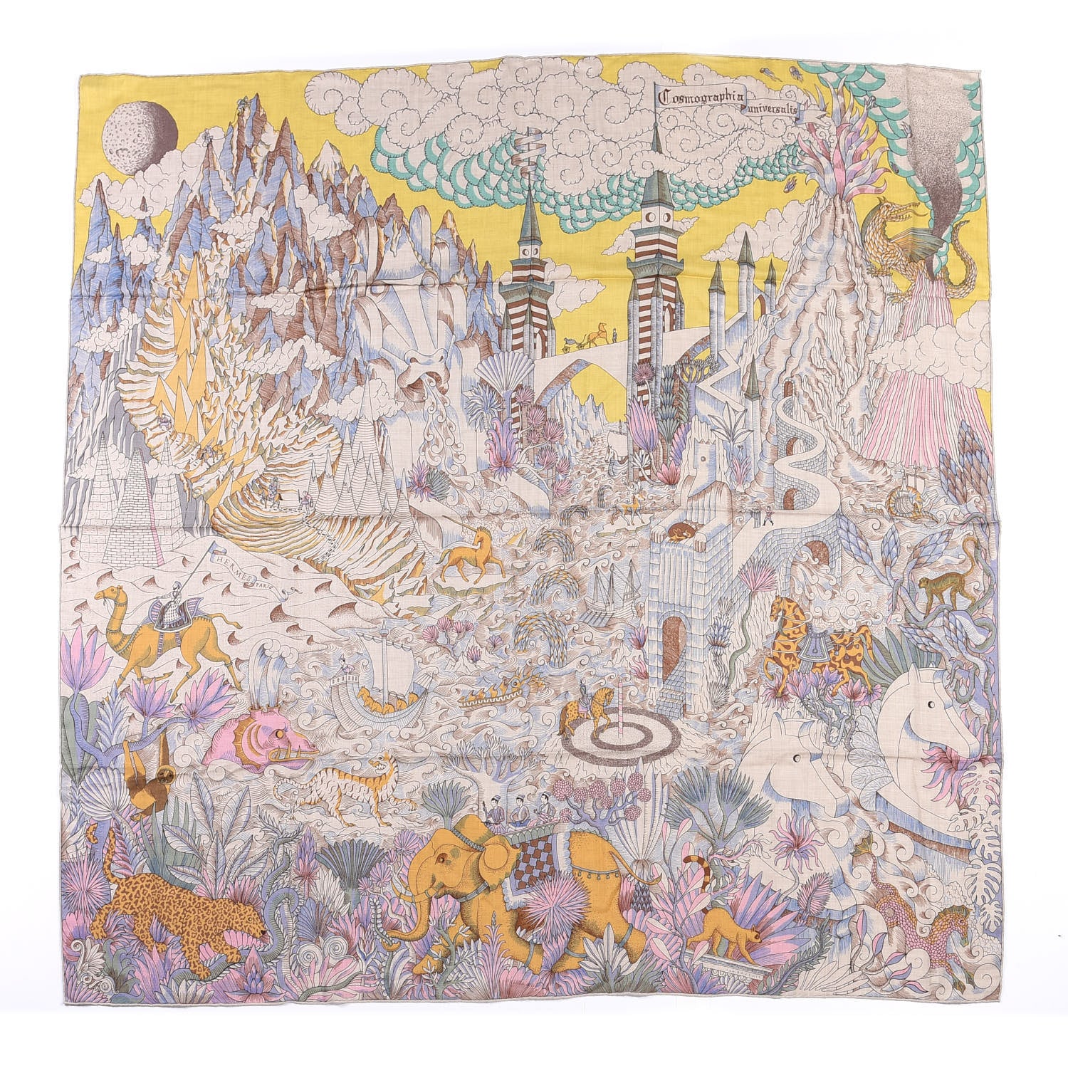 Hermes Cashmere Silk Cosmographia Universalis Shawl 140 Naturel Jaune Rose Pale 1 of 4