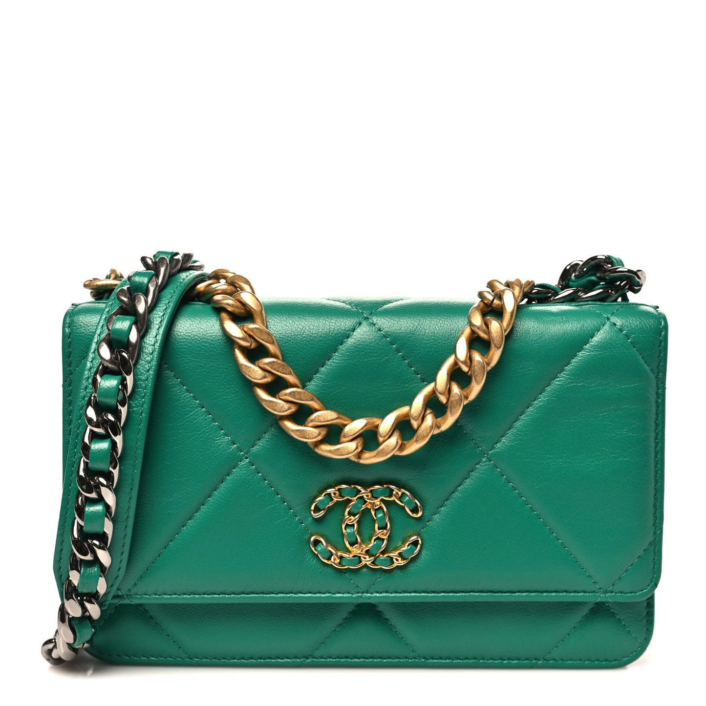 Lambskin Quilted Chanel 19 Wallet On Chain WOC Green