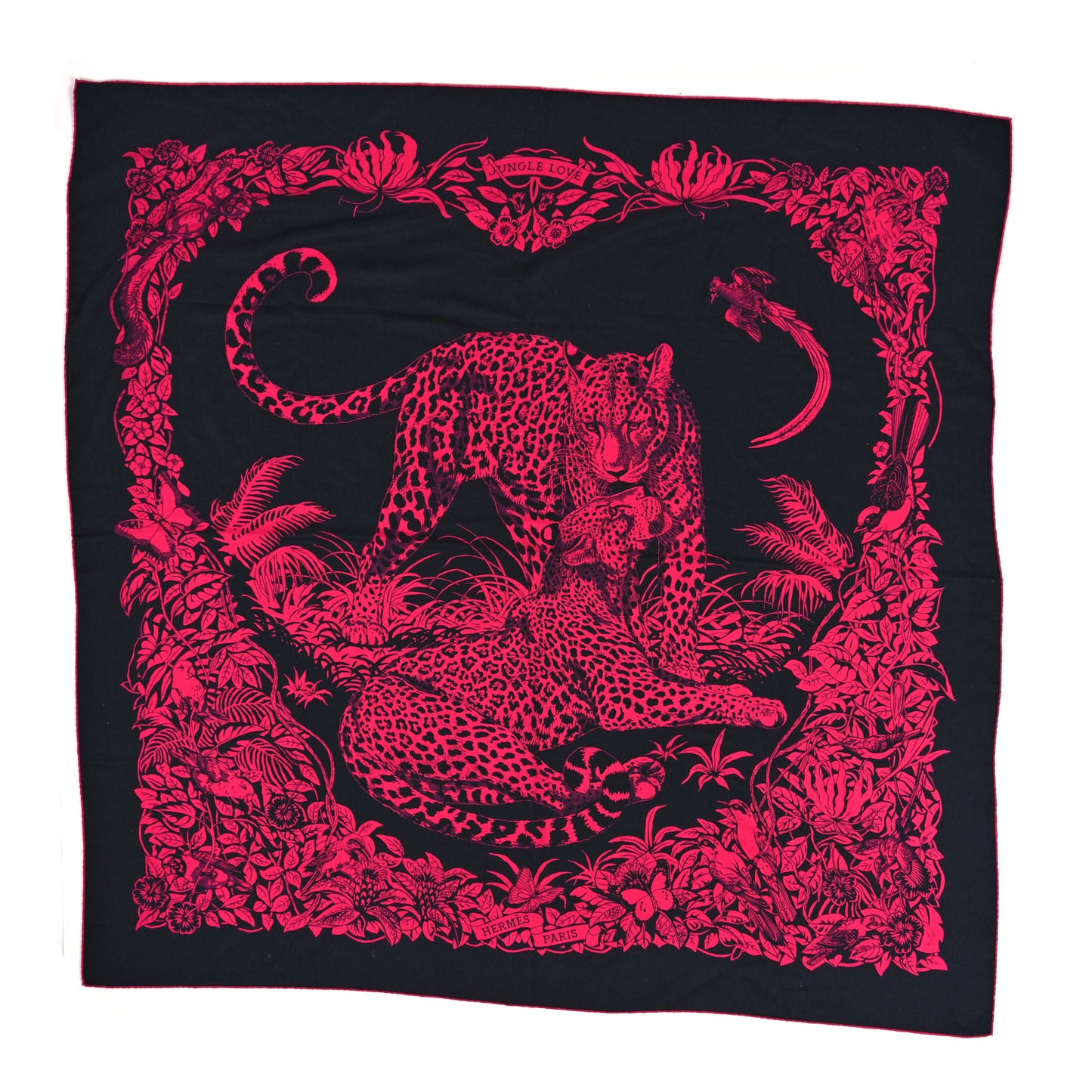 Cashmere Silk Jungle Love Tattoo Shawl 140 Bleu Noir Rose Vif