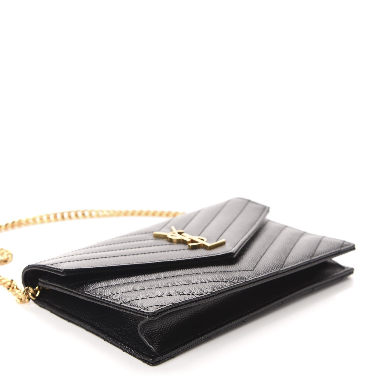 Saint Laurent Grain De Poudre Matelasse Chevron Monogram Envelope Chain Wallet Black 4 of 10