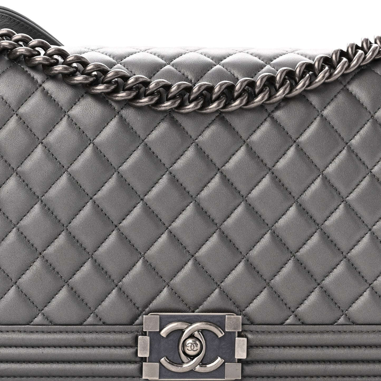 Metallic Lambskin Quilted New Medium Boy Flap Dark Silver