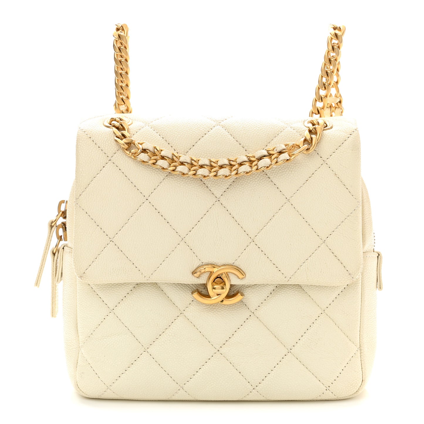 Shiny Caviar Quilted Chain Melody Backpack White