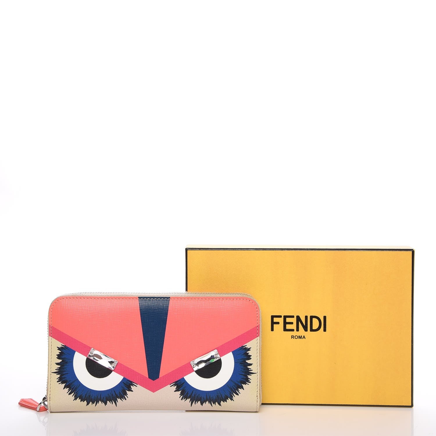 Fendi Vitello Elite Crystal Eye Monster Zip Around Wallet Bellini 