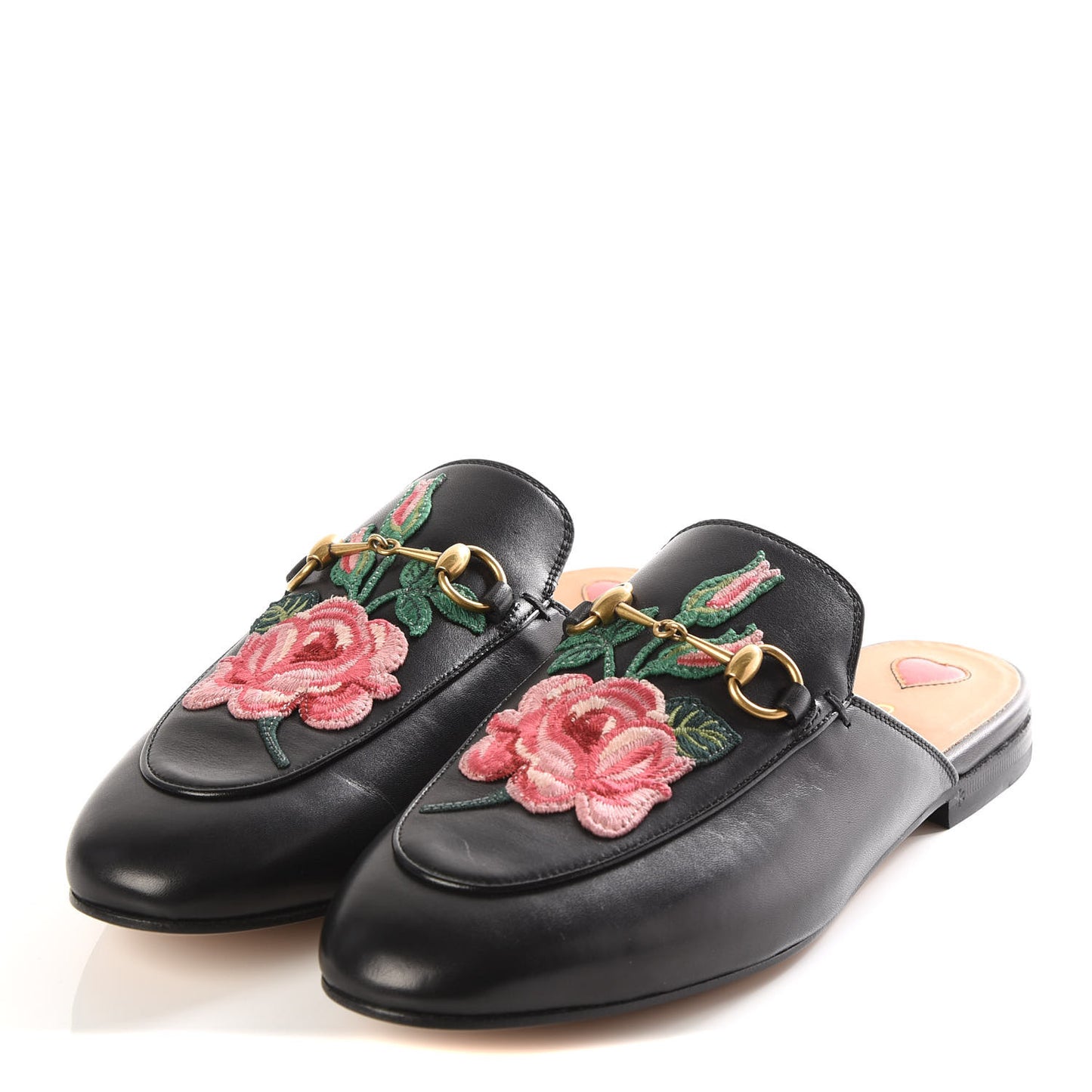 Calfskin Flower Embroidered Womens Princetown Slippers 38 Black