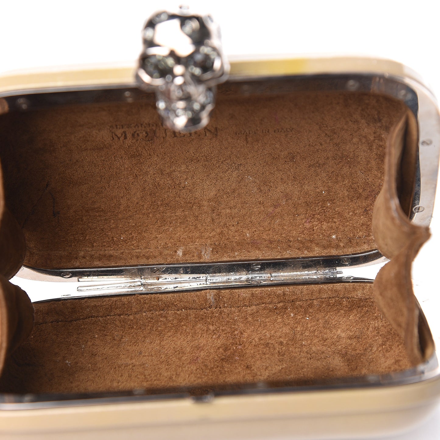 Patent Calfskin Skull Box Clutch Beige