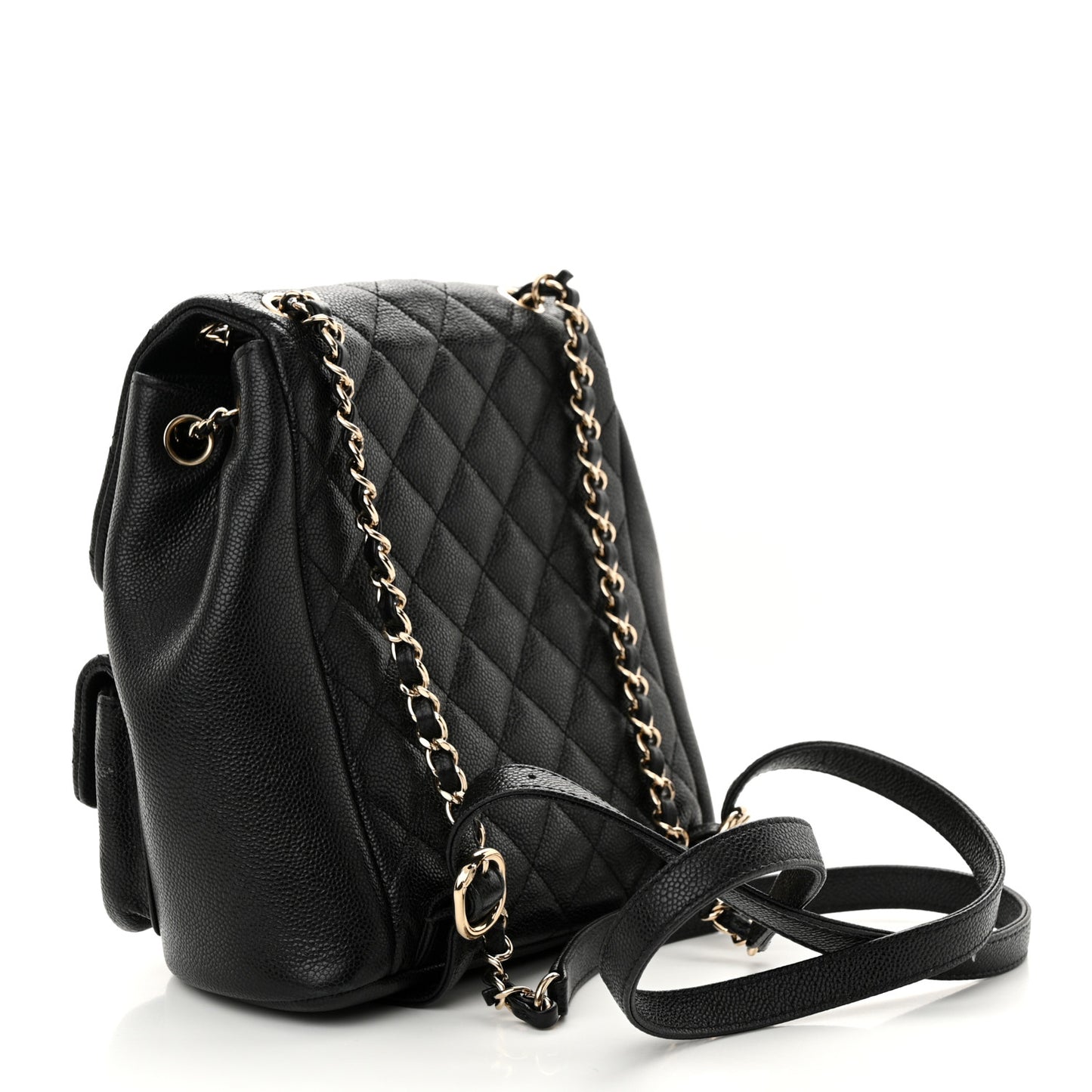 Shiny Caviar Quilted Medium Duma Pockets Drawstring Backpack Black