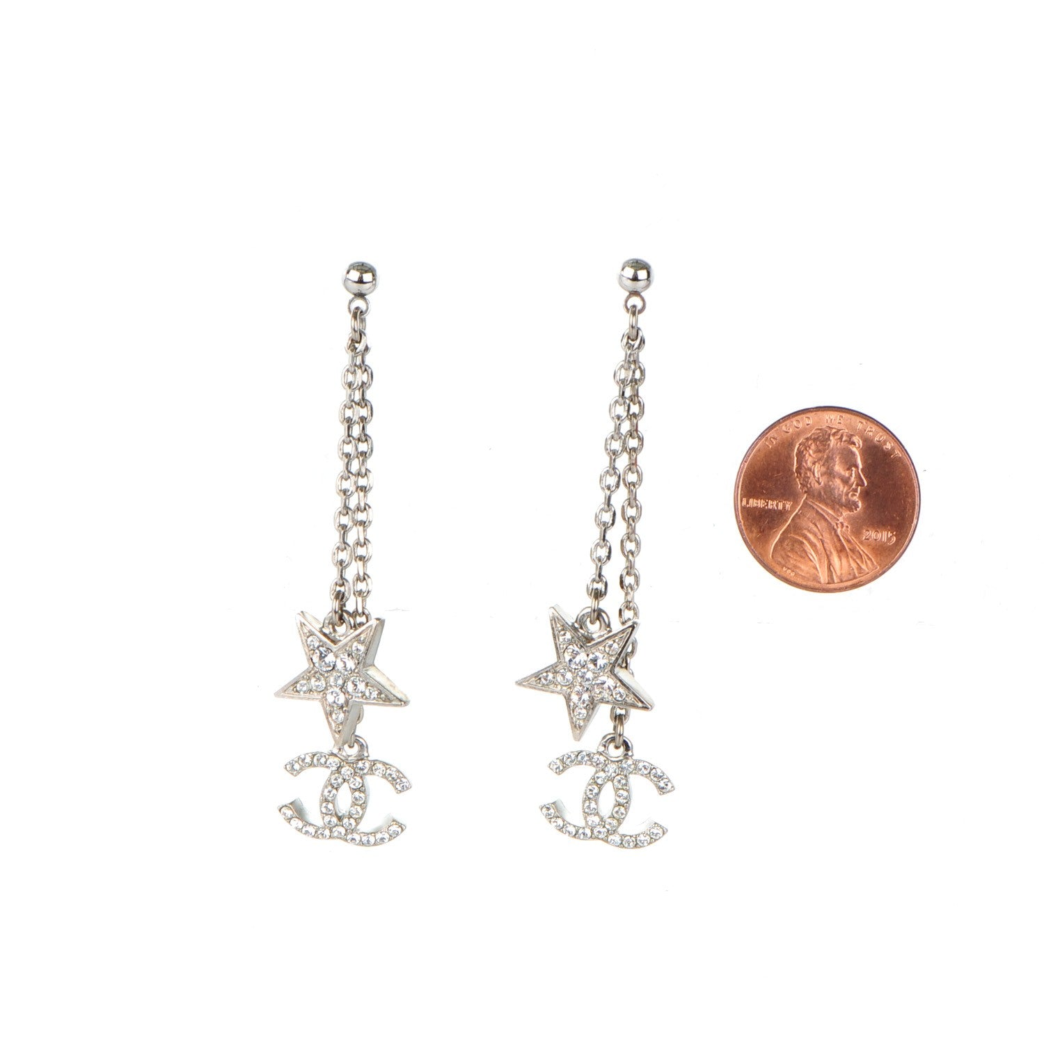 Chanel Crystal CC Star Dangle Earrings Silver 2 of 5