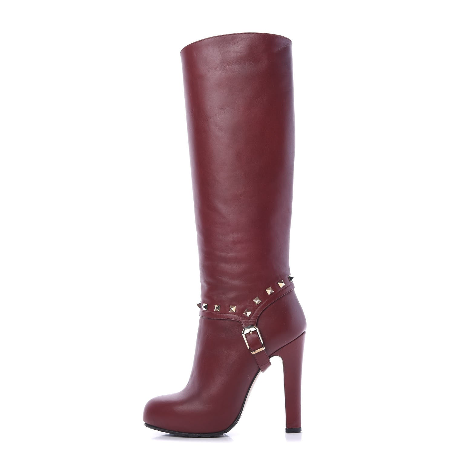 Valentino Garavani Calfskin Rockstud Tall Boots 37 Dark Red 1 of 8