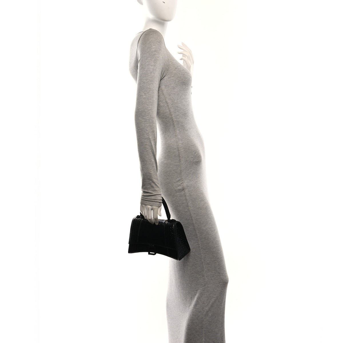 Balenciaga Shiny Calfskin Monochrome Crocodile Embossed Small Hourglass Top Handle Bag Black 2 of 11