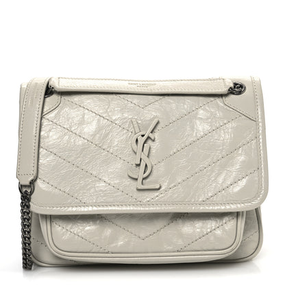 Saint Laurent Crinkled Calfskin Matelasse Monogram Baby Niki Chain Satchel Blanc Vintage 1 of 14