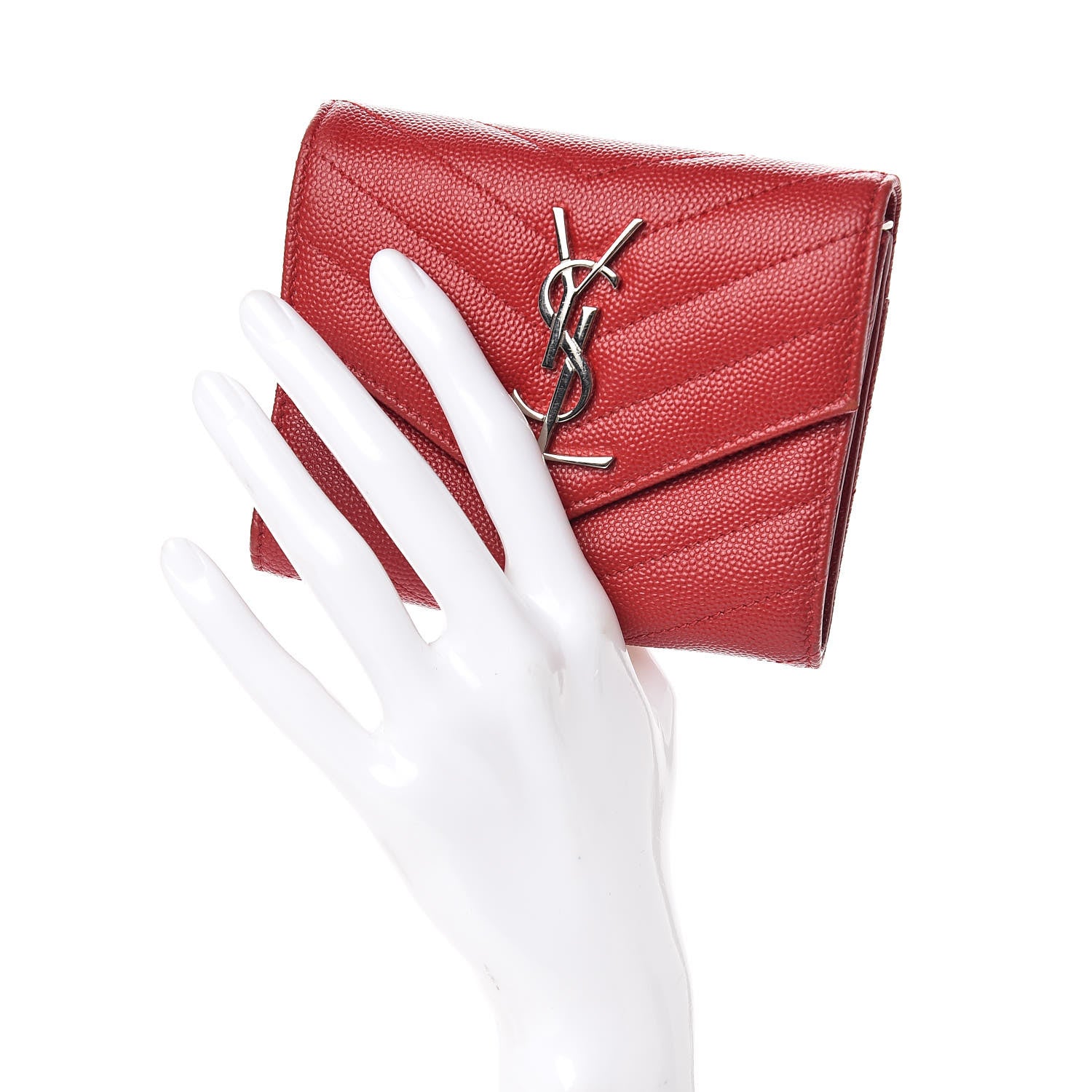 Saint Laurent Grain De Poudre Matelasse Chevron Monogram Compact Tri Fold Wallet Red 2 of 7
