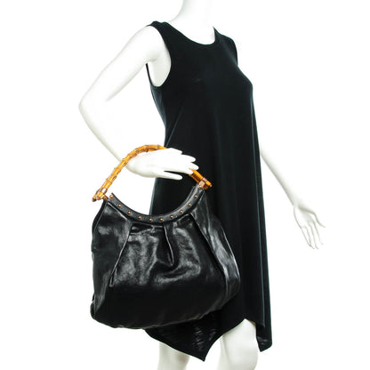 Gucci Calfskin Studded Bamboo Top Handle Shoulder Black 2 of 7