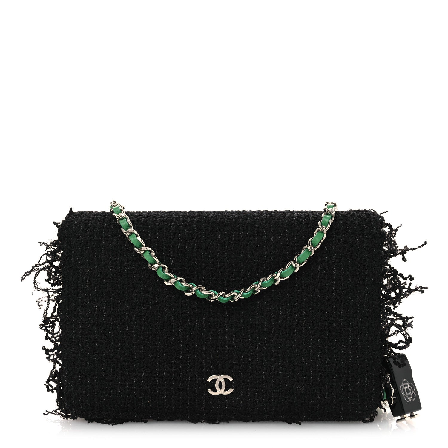 Chanel Tweed Fringe Wallet On Chain WOC Black Green 1 of 11