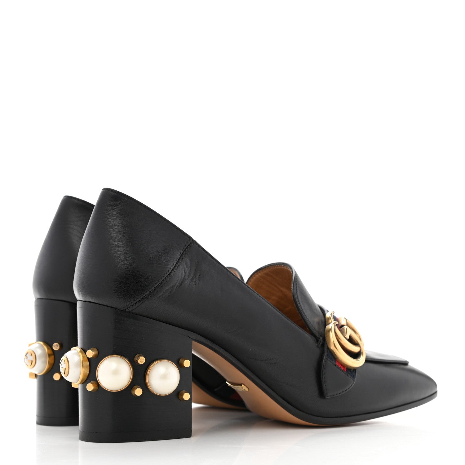 Gucci Malaga Kid Web Pearl Embellished Peyton 75mm Loafer Pumps 38.5 Black 4 of 13