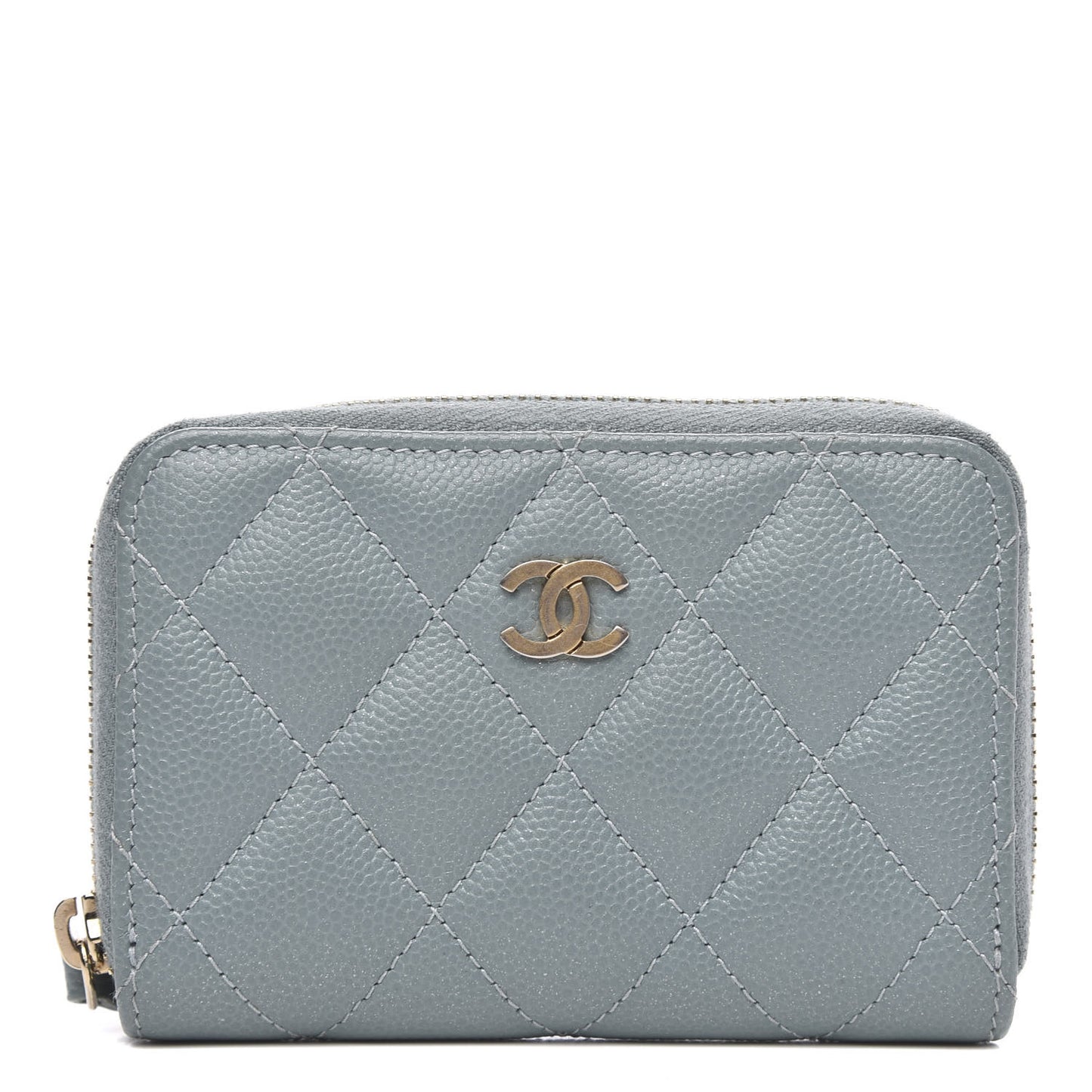 Iridescent Caviar Quilted Zip Coin Purse Light Blue