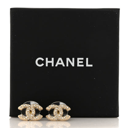 Chanel Pearl Crystal CC Earrings Light Gold 5 of 5