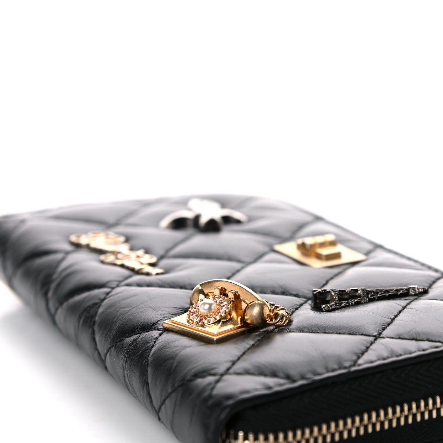 Aged Calfskin Quilted Small Lucky Charms 2.55 Reissue Zip Around Wallet Black