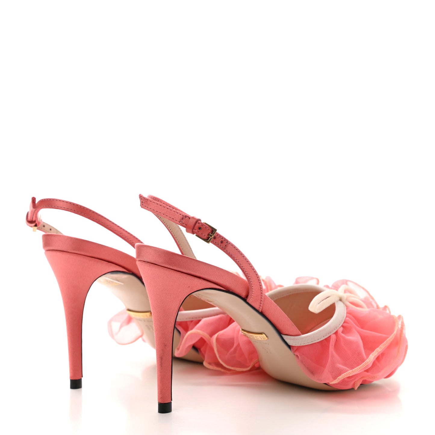 Tulle Ruffle Mid Heel Slingback Sandals 37 Peach White