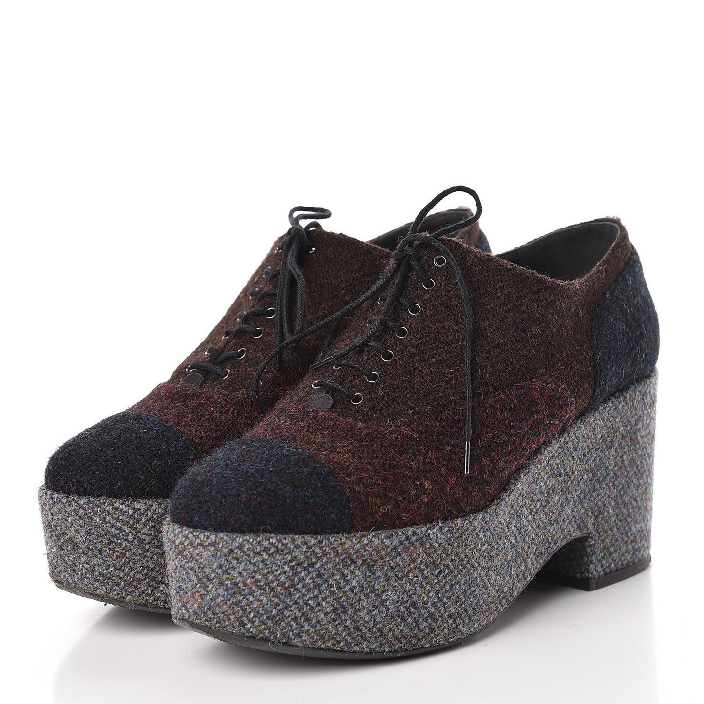 Tweed Lace Up Platform Oxford 40.5 Burgundy Navy Grey