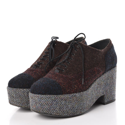 Chanel Tweed Lace Up Platform Oxford 40.5 Burgundy Navy Grey 3 of 13