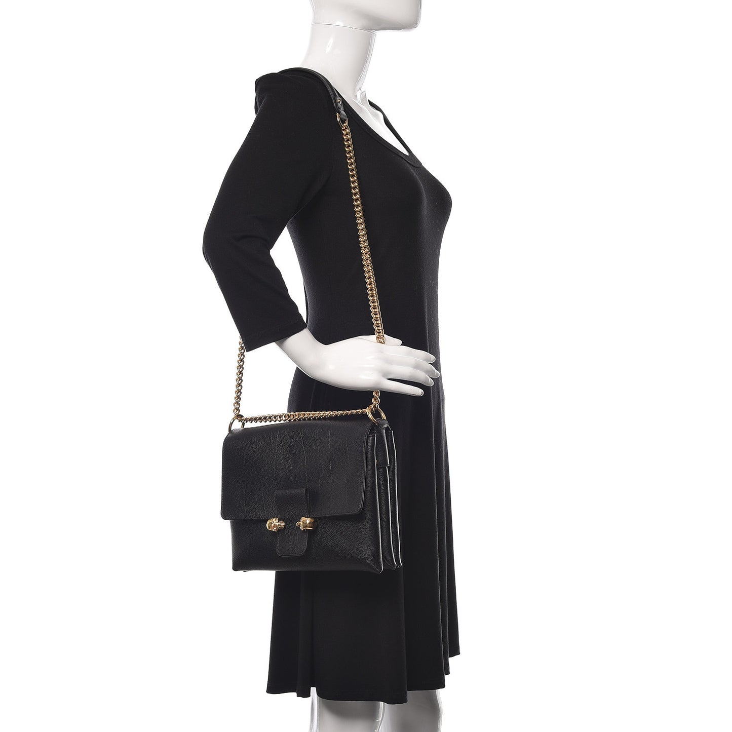 Grained Calfskin Twin Skull Crossbody Black