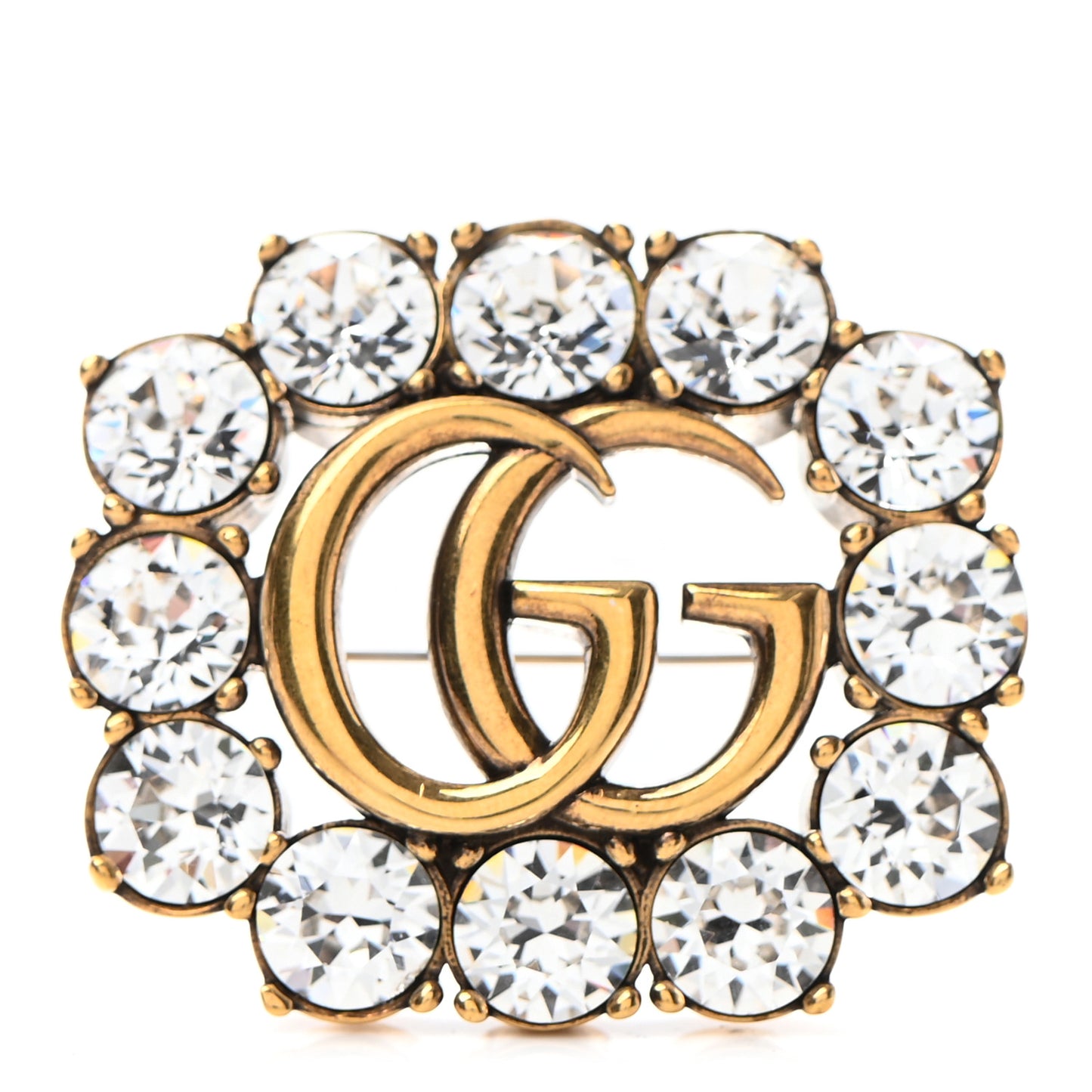 Metal Crystal Double G Brooch Aged Gold