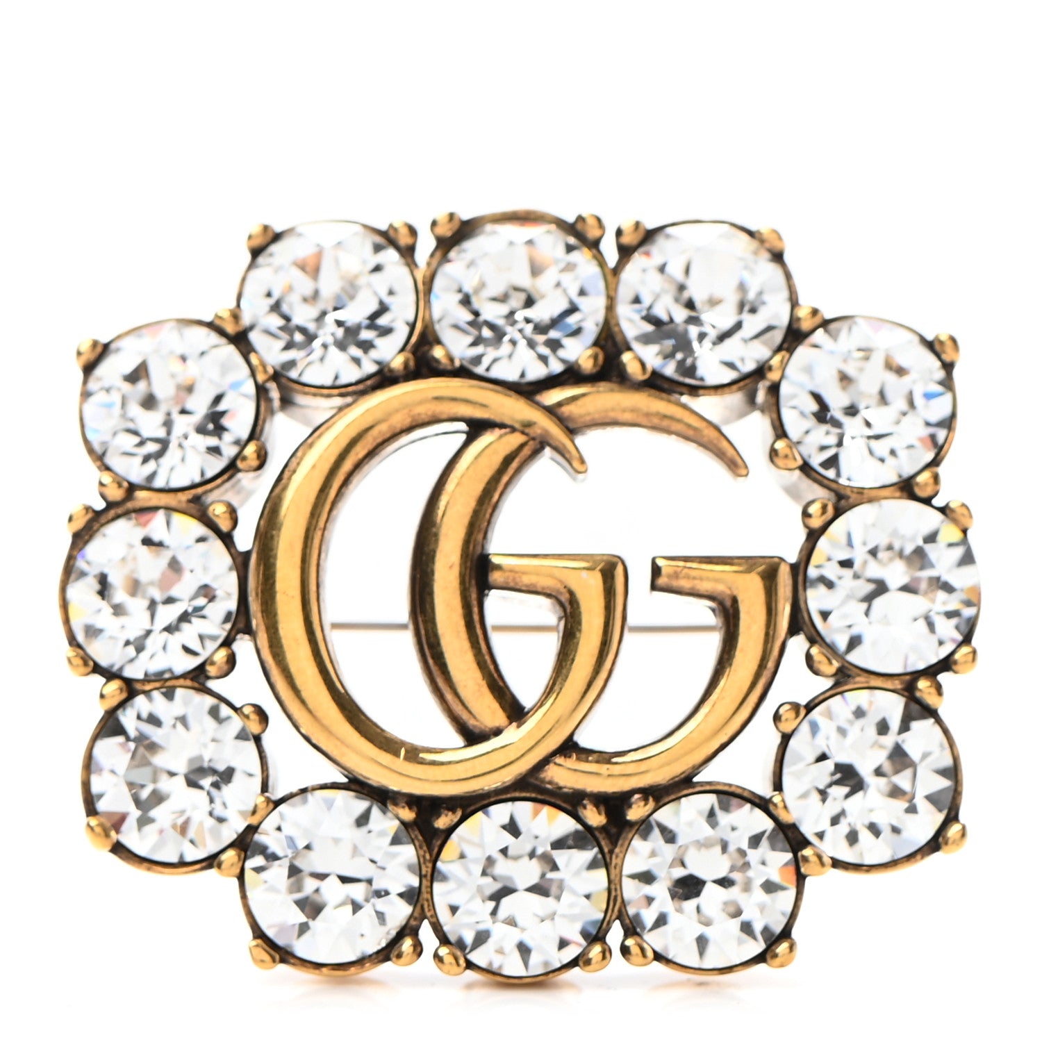 Gucci Metal Crystal Double G Brooch Aged Gold 1 of 6