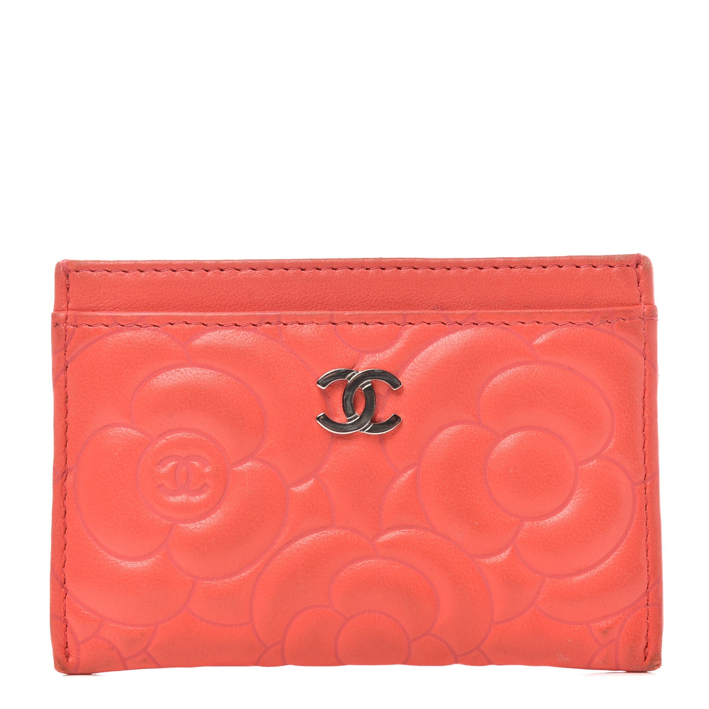 Goatskin Camellia Embossed Card Holder Coral