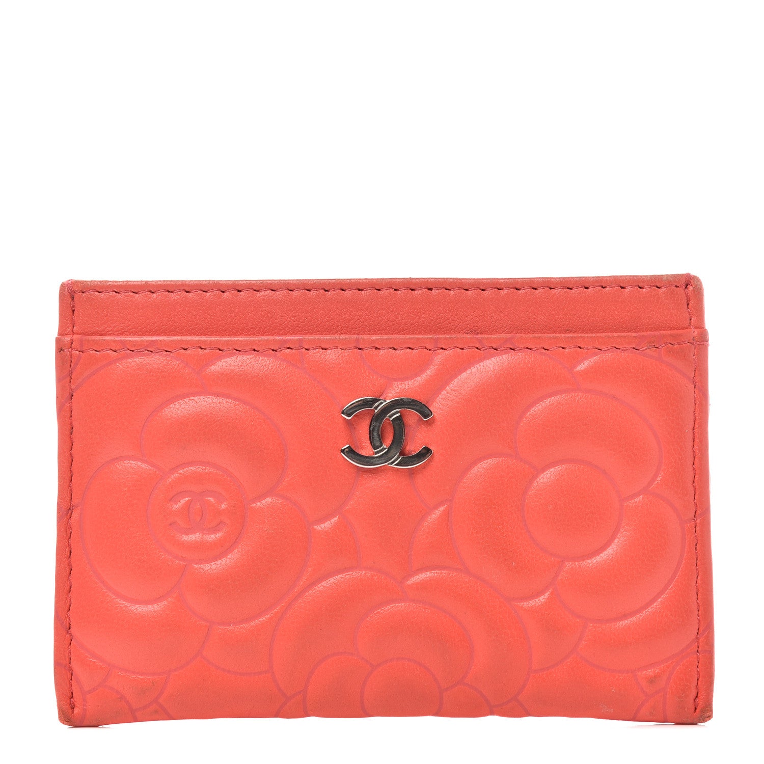Chanel Goatskin Camellia Embossed Card Holder Coral 1 of 8