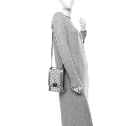 Chanel Metallic Goatskin Quilted North South Boy Flap Silver 2 of 16