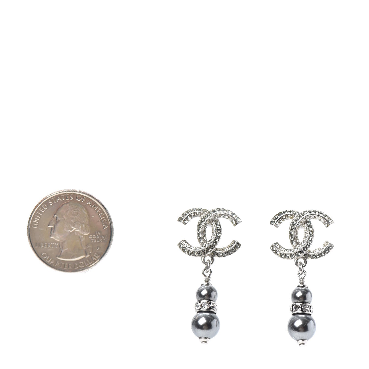 Chanel Crystal Pearl CC Drop Earrings Silver Grey 2 of 4